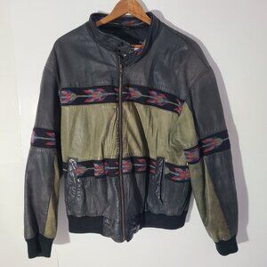 Vintage 80s/90s Mesa Ridge Black/Green Full ZIp XL Leather Jacket